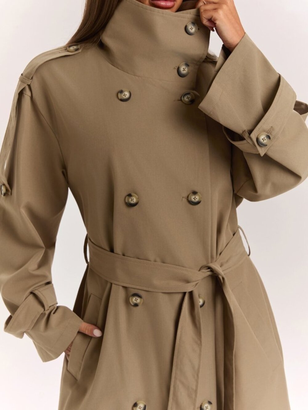 Khaki Elegant Women's Double-Breasted Long Oversized Trench Coat - Picture 4 of 7